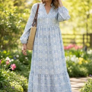 SHEIN Blue Geometric Long Sleeve Dress